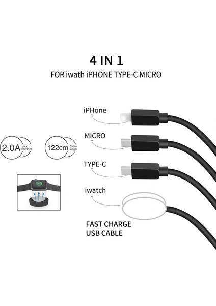 Apple Watch / Telefon Için 122CM Usb'den Tip-C'ye / 8-Pin / Mikro / Kare Saat Kablosuz Şarj Aleti Ayırıcı Kablo, Kod Çözme Çipli - Siyah (Yurt Dışından) fiyatları