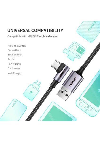 1m USB 2.0 - Tip-C Şarj Kablosu Sağ Açı Veri Kablosu 18W 3A Hızlı Şarj Kablosu Dizüstü Bilgisayar / Tablet / Cep Telefonu Için Uyumlu (Yurt Dışından)
