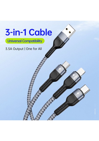 Android 8-Pin Için 3'ü 1 Arada 3.5A Şarj Naylon Örgülü USB Kablosu Veri Aktarım Teli (Ce / Fcc / Ukca / Rohs Sertifikası) (Yurt Dışından)