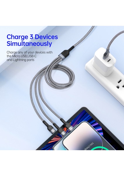 Android 8-Pin Için 3'ü 1 Arada 3.5A Şarj Naylon Örgülü USB Kablosu Veri Aktarım Teli (Ce / Fcc / Ukca / Rohs Sertifikası) (Yurt Dışından)