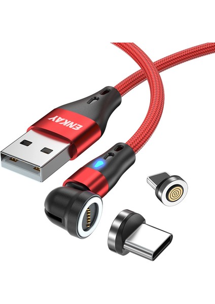 2m 3A Hızlı Şarjlı Manyetik Veri Kablosu 2'si 1 Arada Usb'den 8 Pimli + Tip-C Naylon Örgülü Kablo, LED Işıklı - Kırmızı (Yurt Dışından)