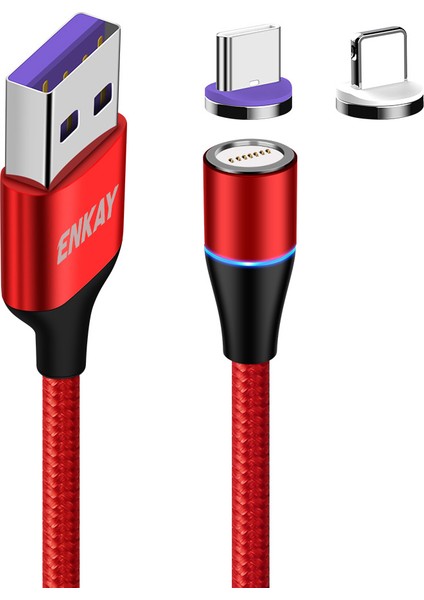 4U Sky 1m 5A Hızlı Şarj Manyetik Veri Kablosu 2'si 1 Arada Usb'den 8 Pim'e + Type-C Kablo - Kırmızı (Yurt Dışından)