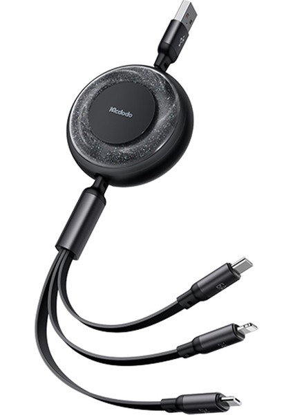 Mdd 3'ü 1 Arada 66W Geri Çekilebilir Şarj Kablosu Usb-A - Lightning + Type-C + Mikro USB Işıklı Veri Kablosu - Siyah (Yurt Dışından)