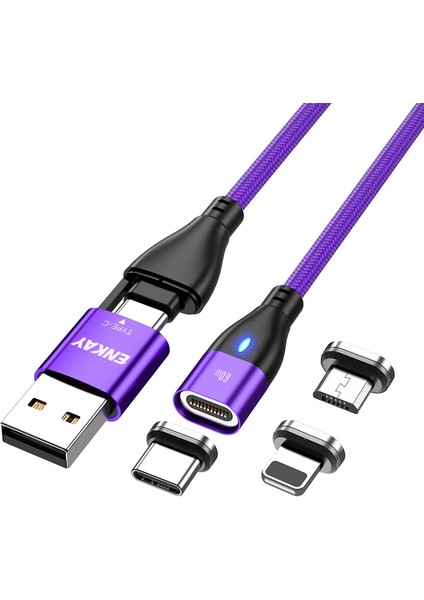 6'sı 1 Arada 1m Manyetik Şarj Kablosu Pd 60W Type-C / Usb-A - Ip / Type-C / Mikro USB Veri Kablosu - Mor (Yurt Dışından)