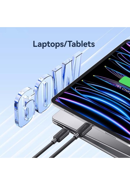 1m Pd 60W Şarj Kablosu Tip-C - Tip-C Veri Kablosu 480MBPS Şarj Kablosu - Siyah (Yurt Dışından)