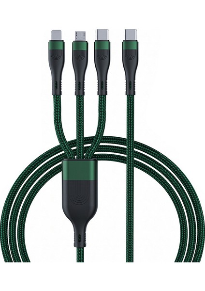 1,2 M Pd 100W 3'ü 1 Arada Tip-C'den Lightning+Tip-C+Mikro Veri Kablolu Telefon Hızlı Şarj Naylon Kablo - Koyu Yeşil (Yurt Dışından)
