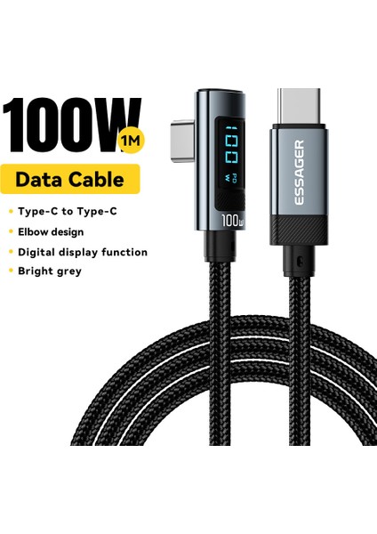 1m Dirsek 100W Type-C - Type-C Şarj Veri Kablosu Dijital Ekran Usb-C Şarj Kablosu (Yurt Dışından)