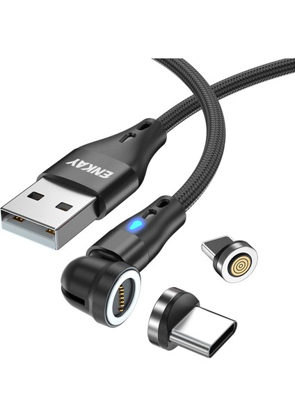 2m 3A Hızlı Şarjlı Manyetik Veri Kablosu 2'si 1 Arada Usb'den 8 Pimli + Tip-C Naylon Örgülü Kablo, LED Işıklı - Siyah (Yurt Dışından)