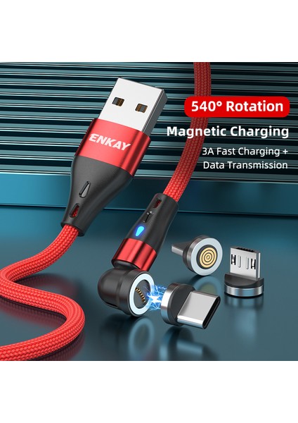 2m 3A Hızlı Şarjlı Manyetik Veri Kablosu 2'si 1 Arada Usb'den 8 Pimli + Tip-C Naylon Örgülü Kablo, LED Işıklı - Siyah (Yurt Dışından)