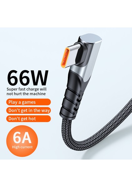 Huawei Samsung Için 2m 6A 66W Hızlı Şarj Kablosu USB - Tip-C Sağ Açı Örgülü Veri Kablosu - Siyah (Yurt Dışından)