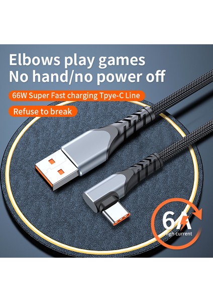 Huawei Samsung Için 2m 6A 66W Hızlı Şarj Kablosu USB - Tip-C Sağ Açı Örgülü Veri Kablosu - Siyah (Yurt Dışından)