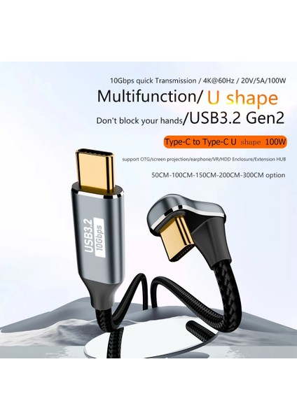 3m Naylon Örgülü Tip-C Erkek - Erkek Kablosu USB 3.2 Gen 2 10GBPS 100W Hızlı Şarj Kablosu (Yurt Dışından)