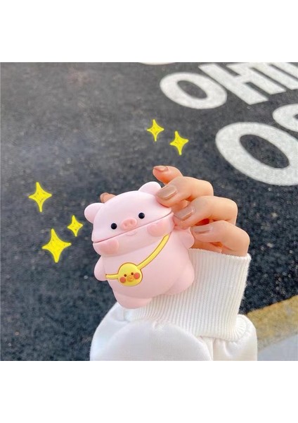 Karikatür Tasarımlı Silikon Kapaklı Kılıf 'lar için Kablosuz Şarj Kutulu Bluetooth Kulaklık Koruyucusu (2019)/ ve Şarj Kutulu (2019)/(2016)-PEMBE Domuz (Yurt Dışından) modelleri