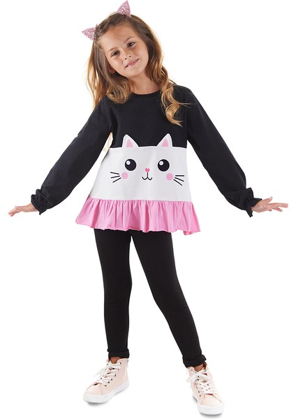 Fırfırlı Beyaz Kedi Kız Çocuk T-Shirt Tayt Takım