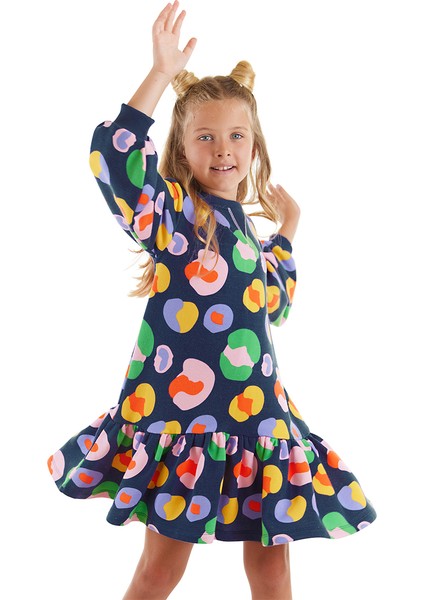 Renkli Çiçekli Kız Çocuk Lacivert Elbise