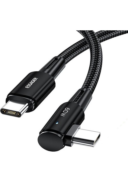 1m 60W Tip-C Erkek - Tip-C Erkek Dirsek Kablosu Hızlı Şarj Veri Kablosu - Siyah (Yurt Dışından)