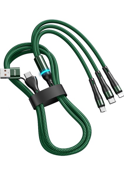 1,3 M USB / Type-C - Ip / Type-C / Mikro USB 5A LED Göstergeli Hızlı Şarj Veri Kablosu, Naylon Örgülü - Yeşil (Yurt Dışından)