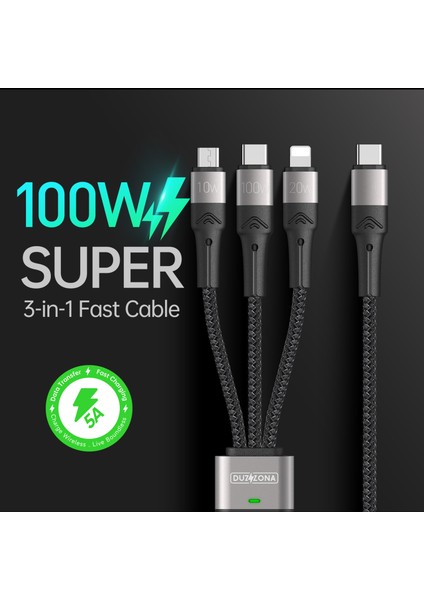 100W 3'ü 1 Arada 5A Hızlı Şarj Kablosu Usb-C - Usb-C+Lightning+Mikro USB Kablosu (Ce / Fcc / Ukca / Rohs Sertifikası) (Yurt Dışından)