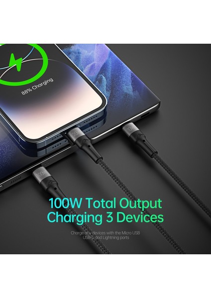 100W 3'ü 1 Arada 5A Hızlı Şarj Kablosu Usb-C - Usb-C+Lightning+Mikro USB Kablosu (Ce / Fcc / Ukca / Rohs Sertifikası) (Yurt Dışından)