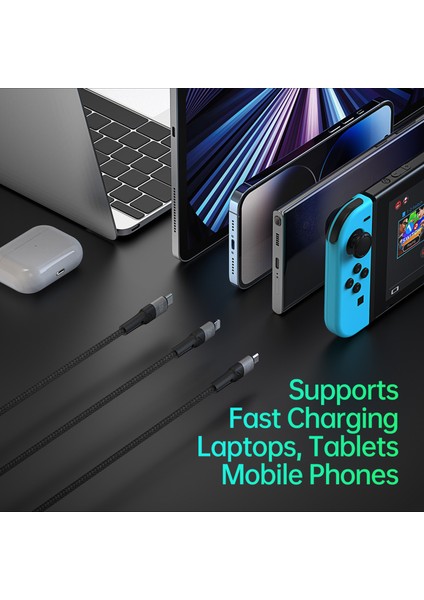 100W 3'ü 1 Arada 5A Hızlı Şarj Kablosu Usb-C - Usb-C+Lightning+Mikro USB Kablosu (Ce / Fcc / Ukca / Rohs Sertifikası) (Yurt Dışından)