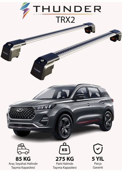 Chery Tıggo 7 Pro 2020-SONRASI Trx2 Thunder Carrier Kilitli Ara Atkı Taşıyıcı Tavan Barı Gri