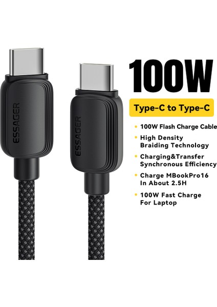 2m C-C 100W Hızlı Şarj Kablosu Type-C'den Type-C'ye Örgülü Tpe Veri Kablosu - Siyah (Yurt Dışından)