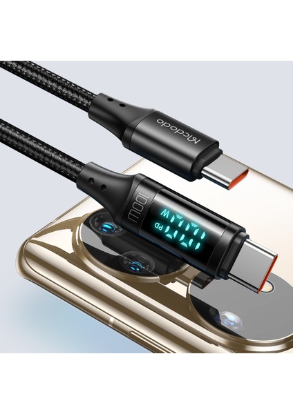 1,2m Tip C Şarj Kablosu LED Ekran 100W Hızlı Şarj Kablosu 480MBPS Veri Iletim Kablosu - Siyah (Yurt Dışından)