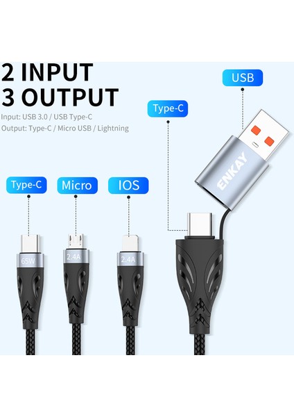 5'i 1 Arada 65W Göstergeli Hızlı Şarj Kablosu USB / Type-C - Type-C / Lightning / Mikro USB Naylon Örgülü Şarj Kablosu 1,2 M (Yurt Dışından)