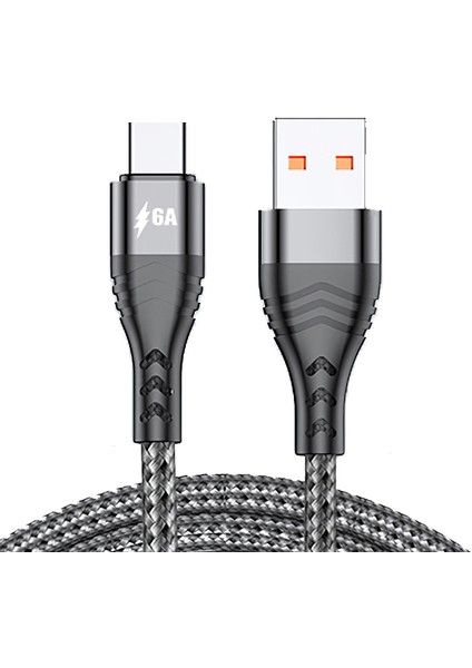 Huawei Samsung Için 1m 6A 66W Usb'den Tip-C'ye Hızlı Şarj + Veri Senkronizasyon Kablosu Örgülü Veri Kablosu - Gri (Yurt Dışından)