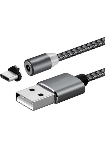 Samsung Sony Huawei Için LED Yuvarlak Manyetik Tip C Naylon Örgülü Şarj Kablosu - Gri (Yurt Dışından)