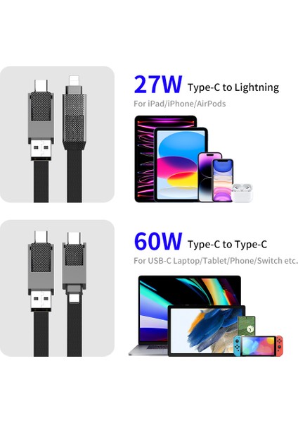 4'ü 1 Arada 1,2 M Manyetik 60 W Hızlı Şarj Kablosu USB / Type-C / Yıldırım Naylon Örgülü Şarj Veri Kablosu (Yurt Dışından)