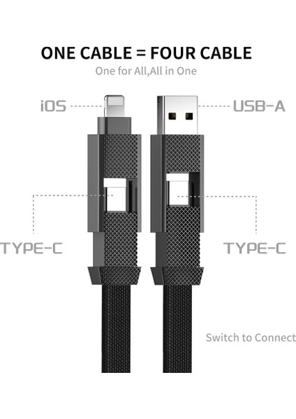 4'ü 1 Arada 1,2 M Manyetik 60 W Hızlı Şarj Kablosu USB / Type-C / Yıldırım Naylon Örgülü Şarj Veri Kablosu (Yurt Dışından)