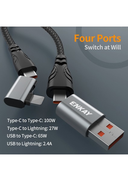 1 M 4'ü 1 Arada USB / Tip-C'den Ip'ye / Tip-C Naylon Şarj Kablosu, E-Marker Çipli Pd 100W Hızlı Şarj Kablosu (Yurt Dışından) fiyatları