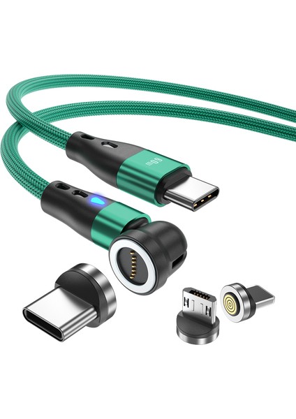 1m Manyetik Şarj Kablosu 3'ü 1 Arada Pd 60W Type-C - 8-Pin / Type-C / Mikro USB Veri Aktarım Kablosu, LED Işıklı - Yeşil (Yurt Dışından) indirimleri