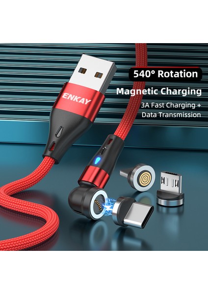 4U Sky 1m 3A Hızlı Şarj Kablosu 3'ü 1 Arada Manyetik Usb'den 8 Pimli / Tip-C / Mikro USB Veri Kablosu, LED Işıklı - Siyah (Yurt Dışından)