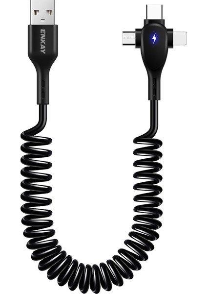 1,8 M 3'ü 1 Arada Usb-A'dan Lightning+Type-C+Micro 6A Şarj Kablosu Yaylı Veri Kablosu - Siyah (Yurt Dışından)