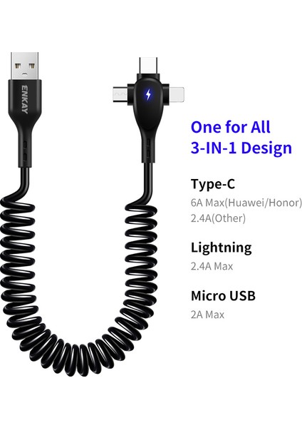 1,8 M 3'ü 1 Arada Usb-A'dan Lightning+Type-C+Micro 6A Şarj Kablosu Yaylı Veri Kablosu - Siyah (Yurt Dışından) fiyatları