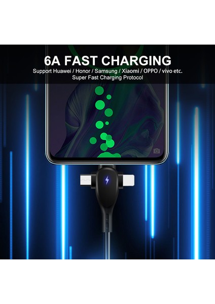 1,8 M 3'ü 1 Arada Usb-A'dan Lightning+Type-C+Micro 6A Şarj Kablosu Yaylı Veri Kablosu - Siyah (Yurt Dışından) modelleri