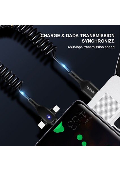 1,8 M 3'ü 1 Arada Usb-A'dan Lightning+Type-C+Micro 6A Şarj Kablosu Yaylı Veri Kablosu - Siyah (Yurt Dışından) fırsatları