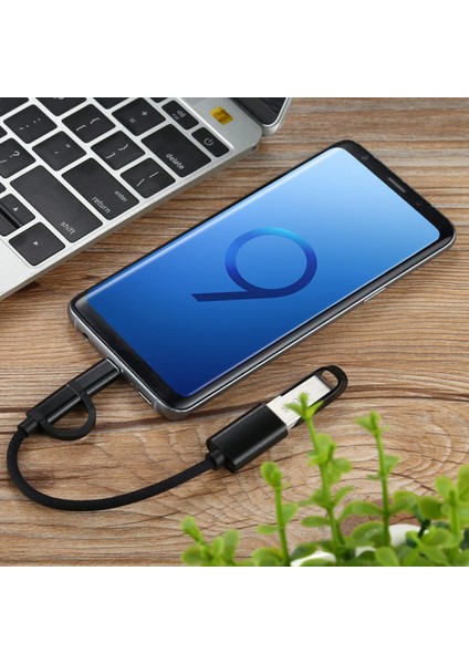 USB 3.0 Dişi Otg Adaptör 2'si 1 Arada Mikro USB + Tip C Erkek Naylon Örgülü Şarj Kablosu Veri Kablosu - Siyah (Yurt Dışından)