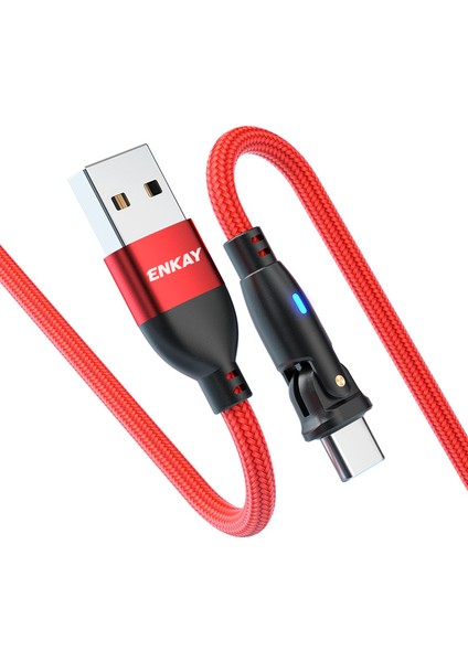 2m 3A Hızlı Şarjlı Usb'den Tip-C'ye 180 Derece Döndürme LED Göstergeli Naylon Örgülü Veri Kablosu - Kırmızı (Yurt Dışından)