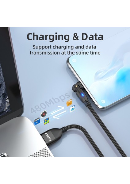 2m 3A Hızlı Şarjlı Usb'den Tip-C'ye 180 Derece Döndürme LED Göstergeli Naylon Örgülü Veri Kablosu - Kırmızı (Yurt Dışından)