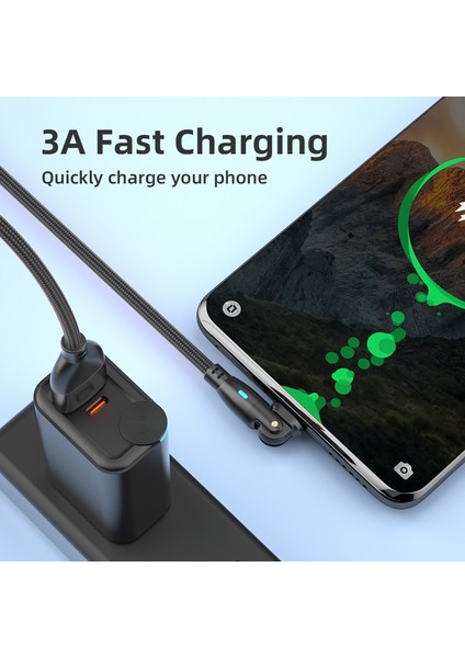 2m 3A Hızlı Şarjlı Usb'den Tip-C'ye 180 Derece Döndürme LED Göstergeli Naylon Örgülü Veri Kablosu - Kırmızı (Yurt Dışından)