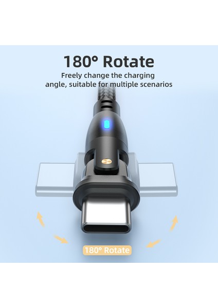 2m 3A Hızlı Şarjlı Usb'den Tip-C'ye 180 Derece Döndürme LED Göstergeli Naylon Örgülü Veri Kablosu - Kırmızı (Yurt Dışından)