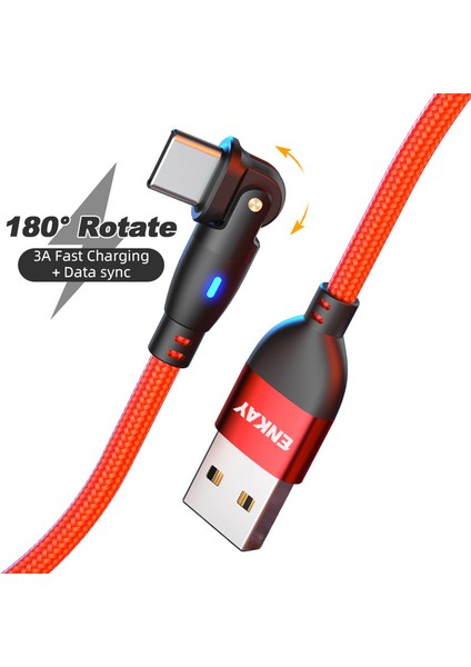 2m 3A Hızlı Şarjlı Usb'den Tip-C'ye 180 Derece Döndürme LED Göstergeli Naylon Örgülü Veri Kablosu - Kırmızı (Yurt Dışından)