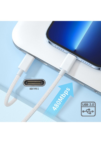 UC-072-BL-1.0M Type-C Usb-C Erkek - Erkek USB 2.0 Veri Kablosu 65W Hızlı Şarj Kablosu (Od=3mm) - Beyaz (Yurt Dışından)