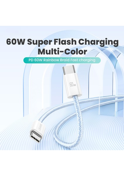 1,2 M Pd 60W Hızlı Şarj Kablosu Tip-C'den Tip-C'ye Gökkuşağı Örgülü Kablo - Beyaz (Yurt Dışından) fiyatları