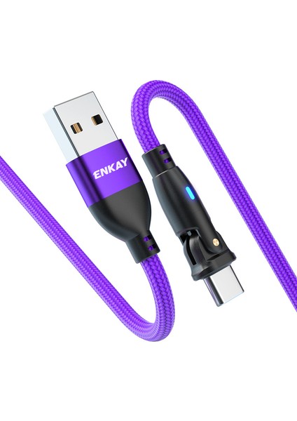 2m 3A Hızlı Şarjlı Usb'den Type-C'ye 180 Derece Döndürülebilir Naylon Örgülü Veri Kablosu, LED Göstergeli - Mor (Yurt Dışından)