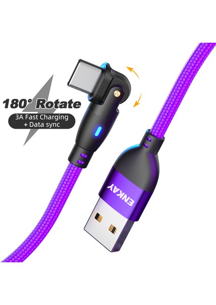 2m 3A Hızlı Şarjlı Usb'den Type-C'ye 180 Derece Döndürülebilir Naylon Örgülü Veri Kablosu, LED Göstergeli - Mor (Yurt Dışından)