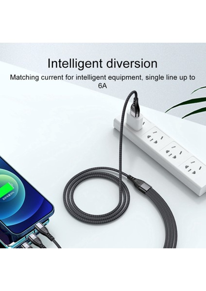 4U Sky 1,2 M 4'ü 1 Arada 66 W Usb'den 8pin+Mikro Usb+Çift Tip-C Çok Çıkışlı Hızlı Şarj Şarj Kablosu - Siyah (Yurt Dışından)